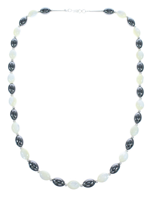 Hematite and Mother of Pearl Genuine Sterling Silver Bead Necklace JX121625